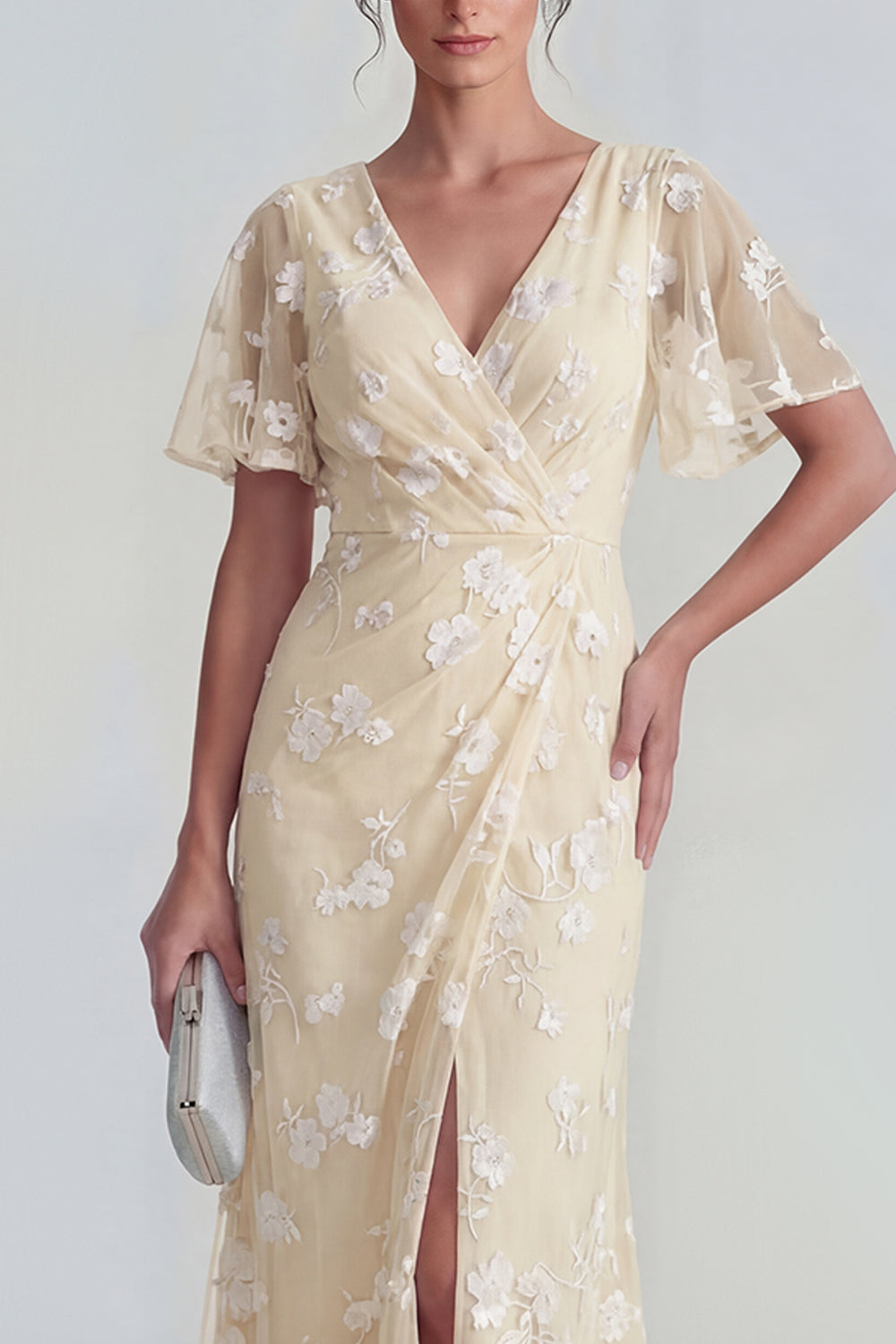 Pink Floral Flutter Sleeves Sheath Maxi Ruched Wedding Guest Dress with Slit