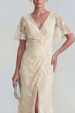 Pink Floral Flutter Sleeves Sheath Maxi Ruched Wedding Guest Dress with Slit