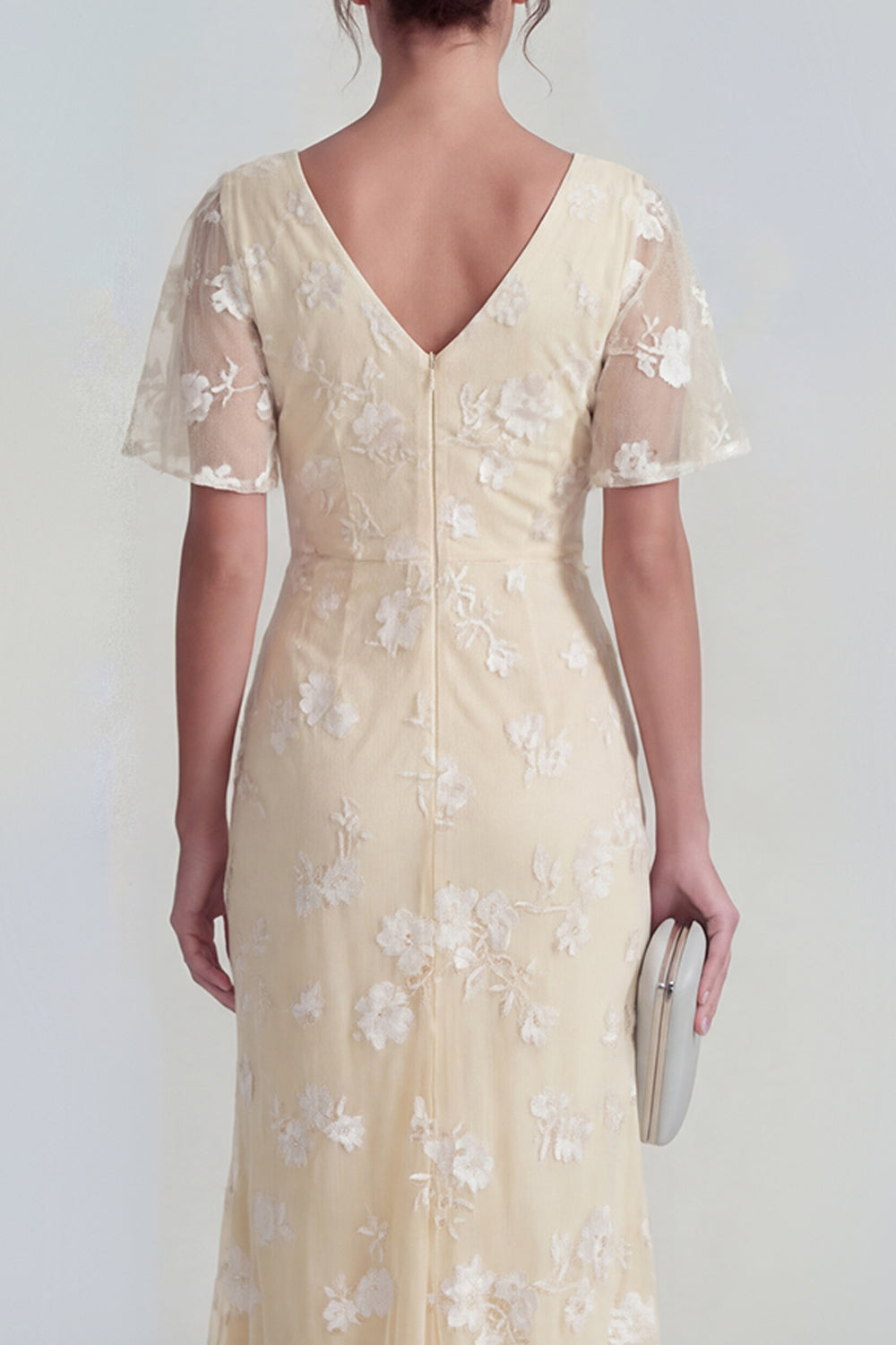 Pink Floral Flutter Sleeves Sheath Maxi Ruched Wedding Guest Dress with Slit