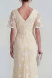 Pink Floral Flutter Sleeves Sheath Maxi Ruched Wedding Guest Dress with Slit