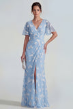 Pink Floral Flutter Sleeves Sheath Maxi Ruched Wedding Guest Dress with Slit