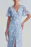 Pink Floral Flutter Sleeves Sheath Maxi Ruched Wedding Guest Dress with Slit