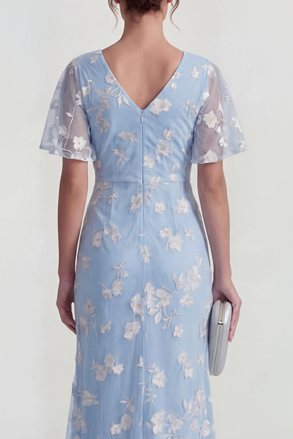 Pink Floral Flutter Sleeves Sheath Maxi Ruched Wedding Guest Dress with Slit