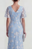 Pink Floral Flutter Sleeves Sheath Maxi Ruched Wedding Guest Dress with Slit