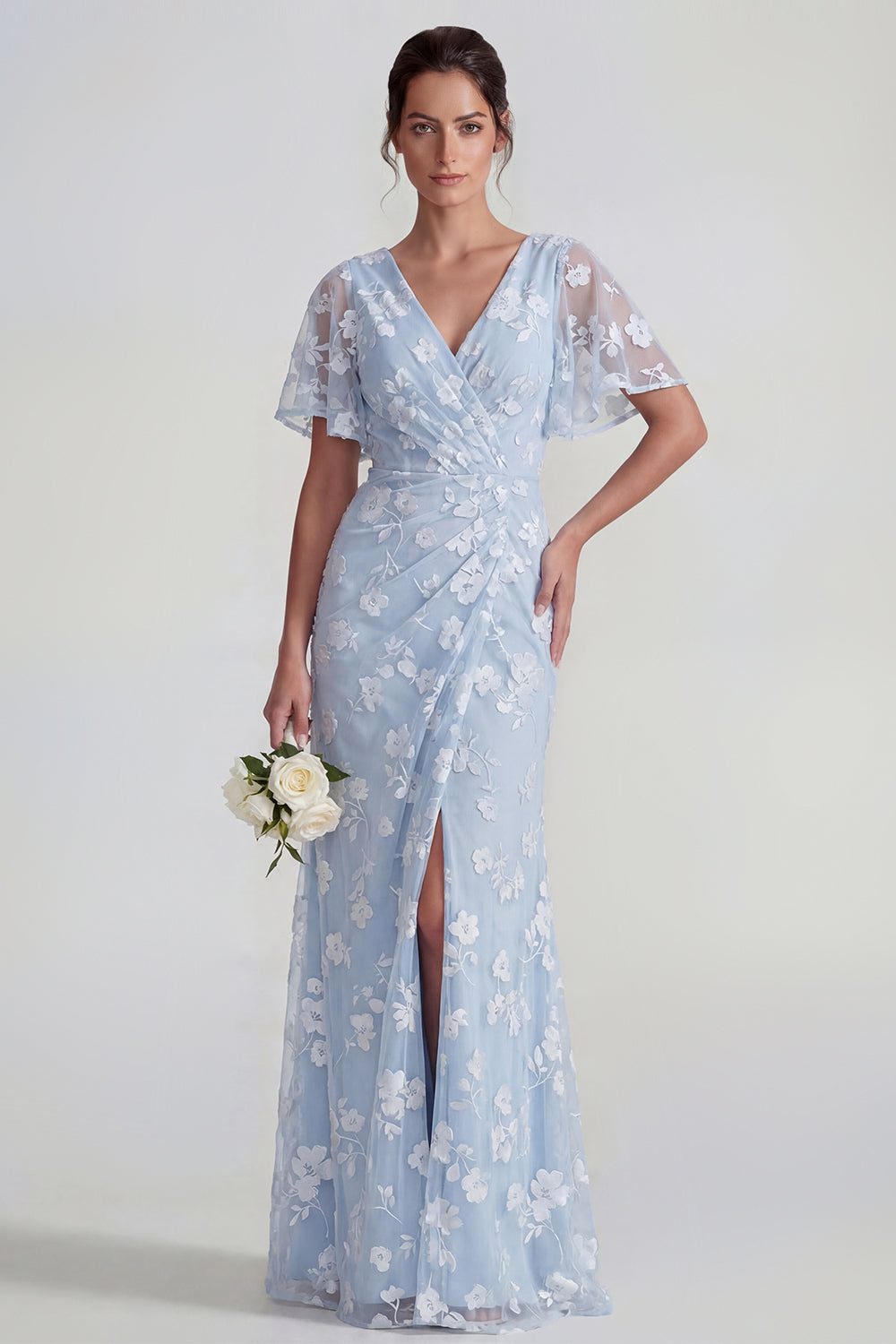 Pink Floral Flutter Sleeves Sheath Maxi Ruched Wedding Guest Dress with Slit