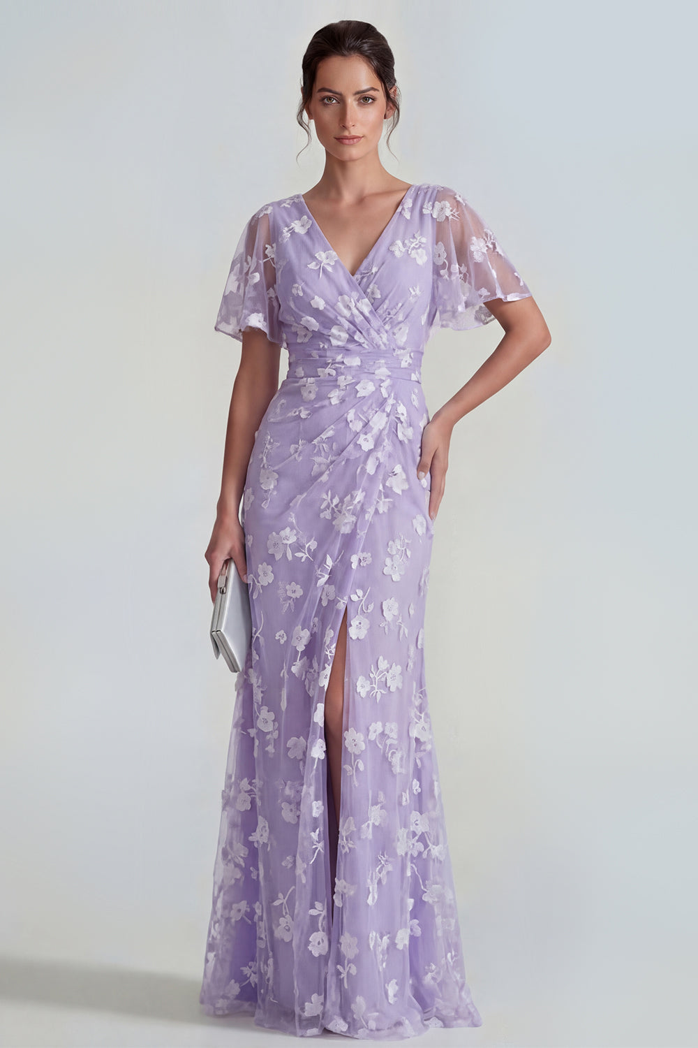 Pink Floral Flutter Sleeves Sheath Maxi Ruched Wedding Guest Dress with Slit