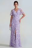 Pink Floral Flutter Sleeves Sheath Maxi Ruched Wedding Guest Dress with Slit