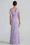 Pink Floral Flutter Sleeves Sheath Maxi Ruched Wedding Guest Dress with Slit