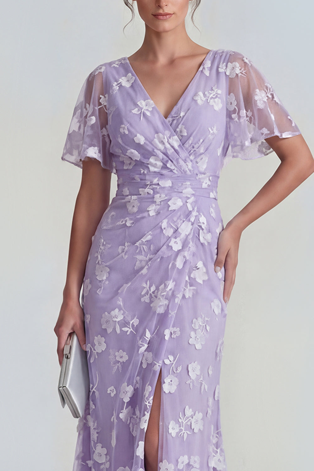 Pink Floral Flutter Sleeves Sheath Maxi Ruched Wedding Guest Dress with Slit