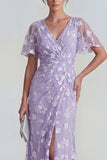 Pink Floral Flutter Sleeves Sheath Maxi Ruched Wedding Guest Dress with Slit