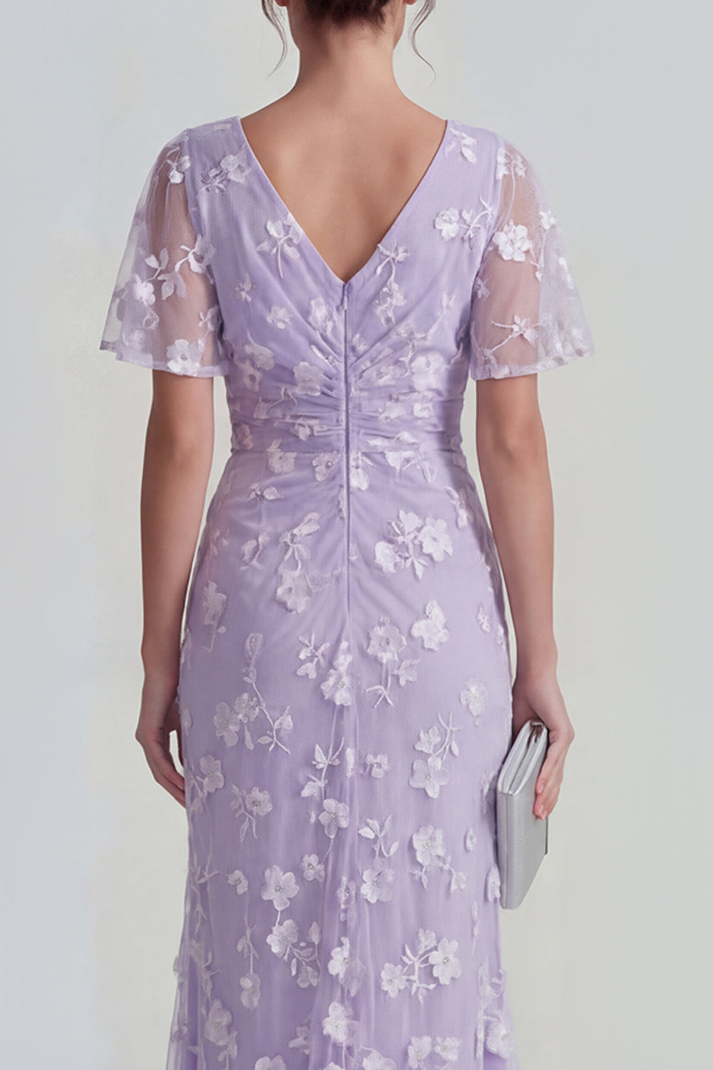 Pink Floral Flutter Sleeves Sheath Maxi Ruched Wedding Guest Dress with Slit
