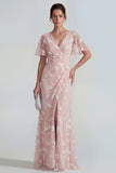 Pink Floral Flutter Sleeves Sheath Maxi Ruched Wedding Guest Dress with Slit