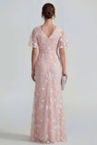 Pink Floral Flutter Sleeves Sheath Maxi Ruched Wedding Guest Dress with Slit