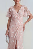 Pink Floral Flutter Sleeves Sheath Maxi Ruched Wedding Guest Dress with Slit