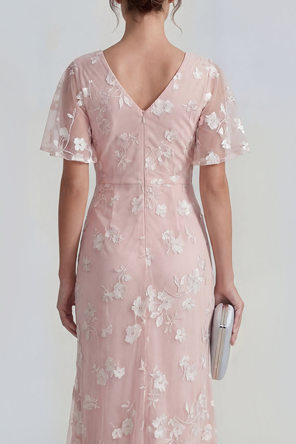 Pink Floral Flutter Sleeves Sheath Maxi Ruched Wedding Guest Dress with Slit