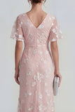 Pink Floral Flutter Sleeves Sheath Maxi Ruched Wedding Guest Dress with Slit