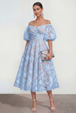 Blue Floral A Line Puff Sleeves Ruched Maxi Wedding Guest Dress