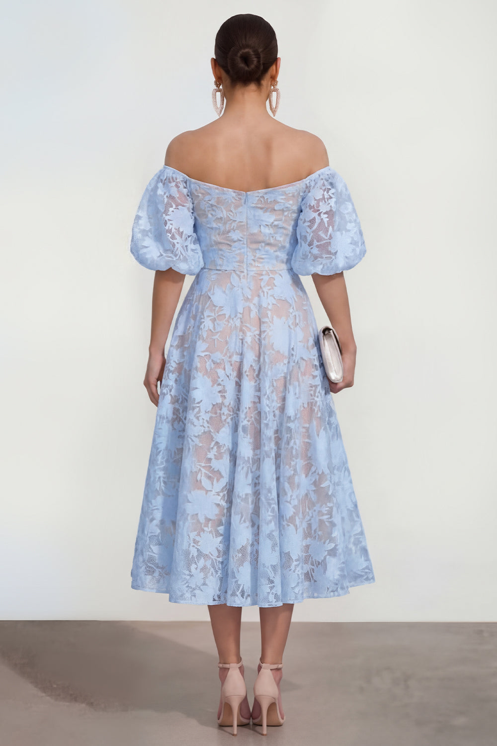 Blue Floral A Line Puff Sleeves Ruched Maxi Wedding Guest Dress