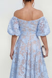 Blue Floral A Line Puff Sleeves Ruched Maxi Wedding Guest Dress