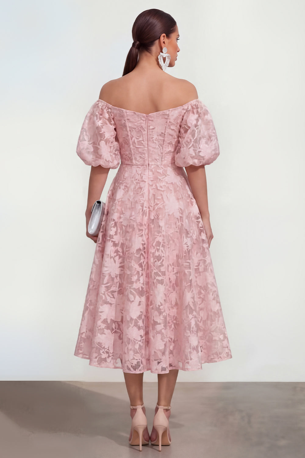 Blue Floral A Line Puff Sleeves Ruched Maxi Wedding Guest Dress