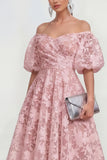 Blue Floral A Line Puff Sleeves Ruched Maxi Wedding Guest Dress