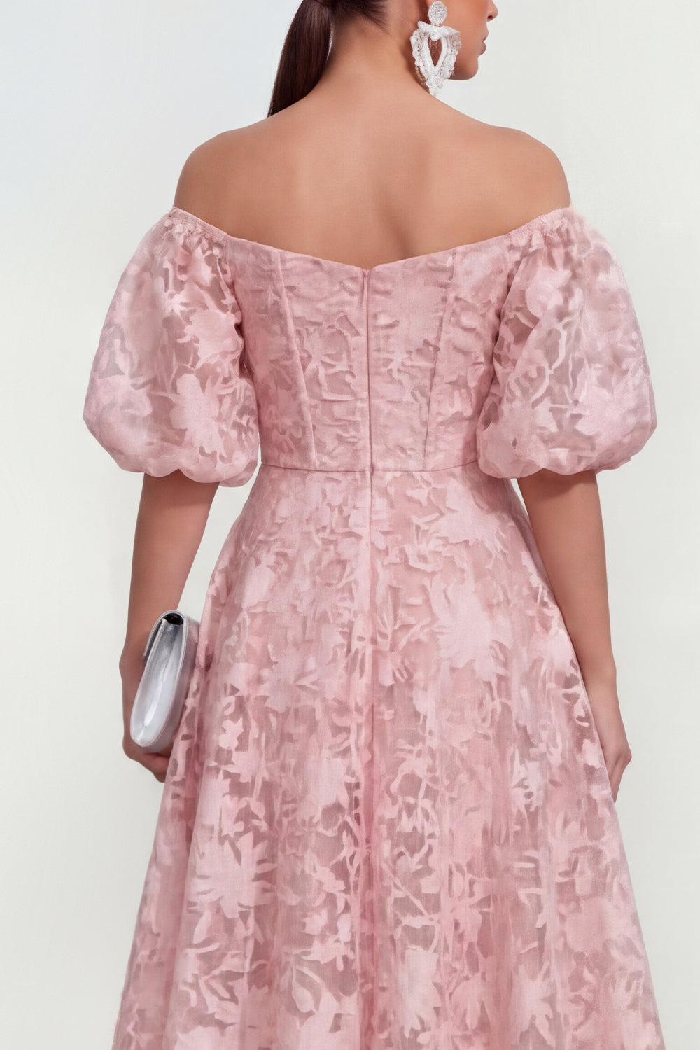 Blue Floral A Line Puff Sleeves Ruched Maxi Wedding Guest Dress