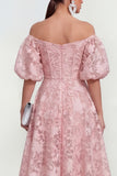 Blue Floral A Line Puff Sleeves Ruched Maxi Wedding Guest Dress