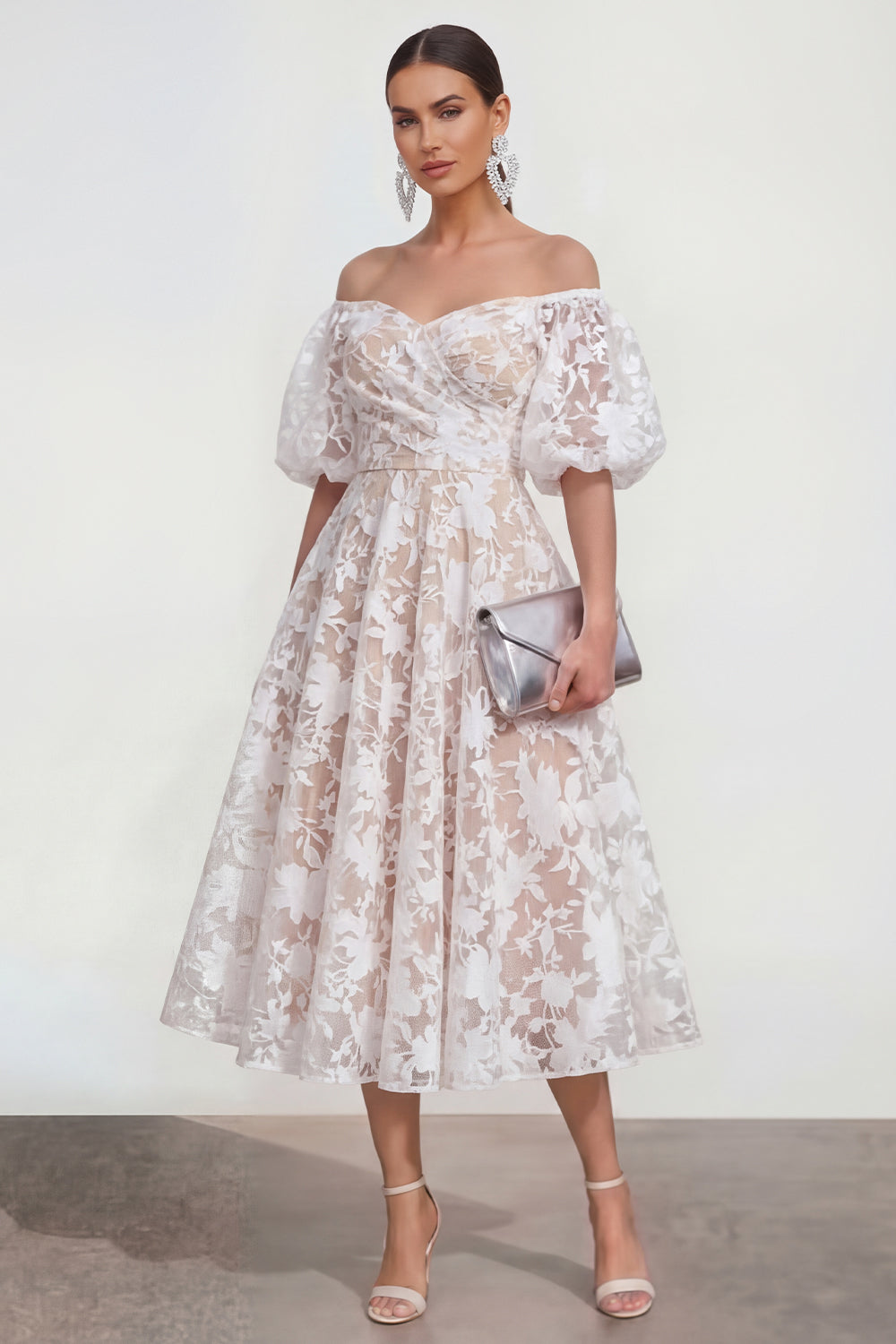 Blue Floral A Line Puff Sleeves Ruched Maxi Wedding Guest Dress