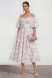 Blue Floral A Line Puff Sleeves Ruched Maxi Wedding Guest Dress