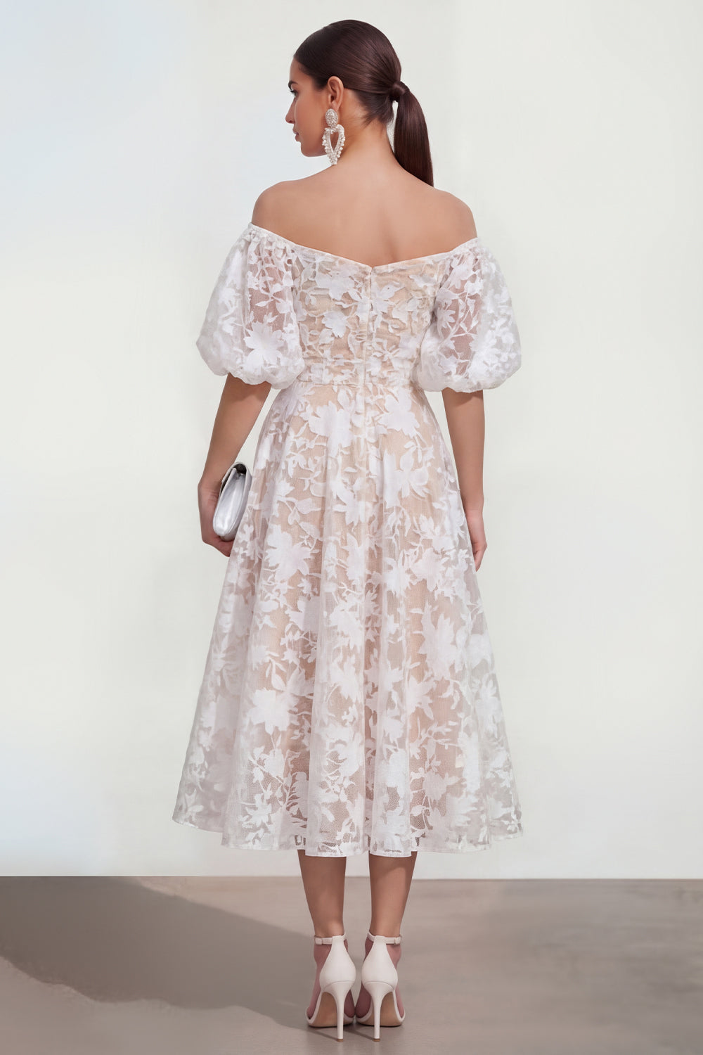 Blue Floral A Line Puff Sleeves Ruched Maxi Wedding Guest Dress
