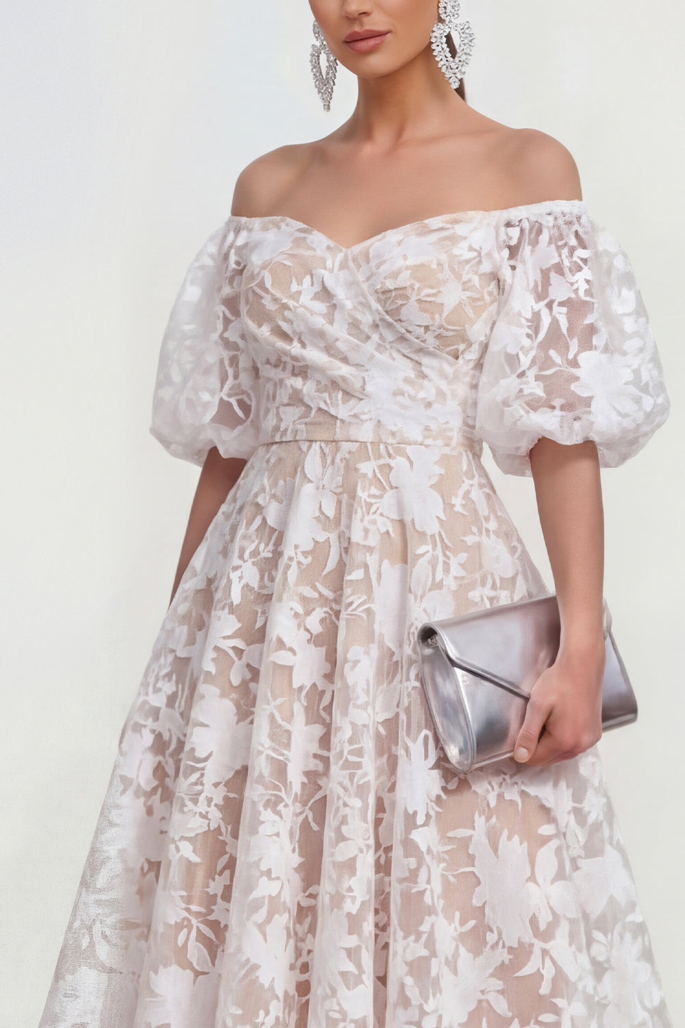 Blue Floral A Line Puff Sleeves Ruched Maxi Wedding Guest Dress