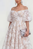 Blue Floral A Line Puff Sleeves Ruched Maxi Wedding Guest Dress