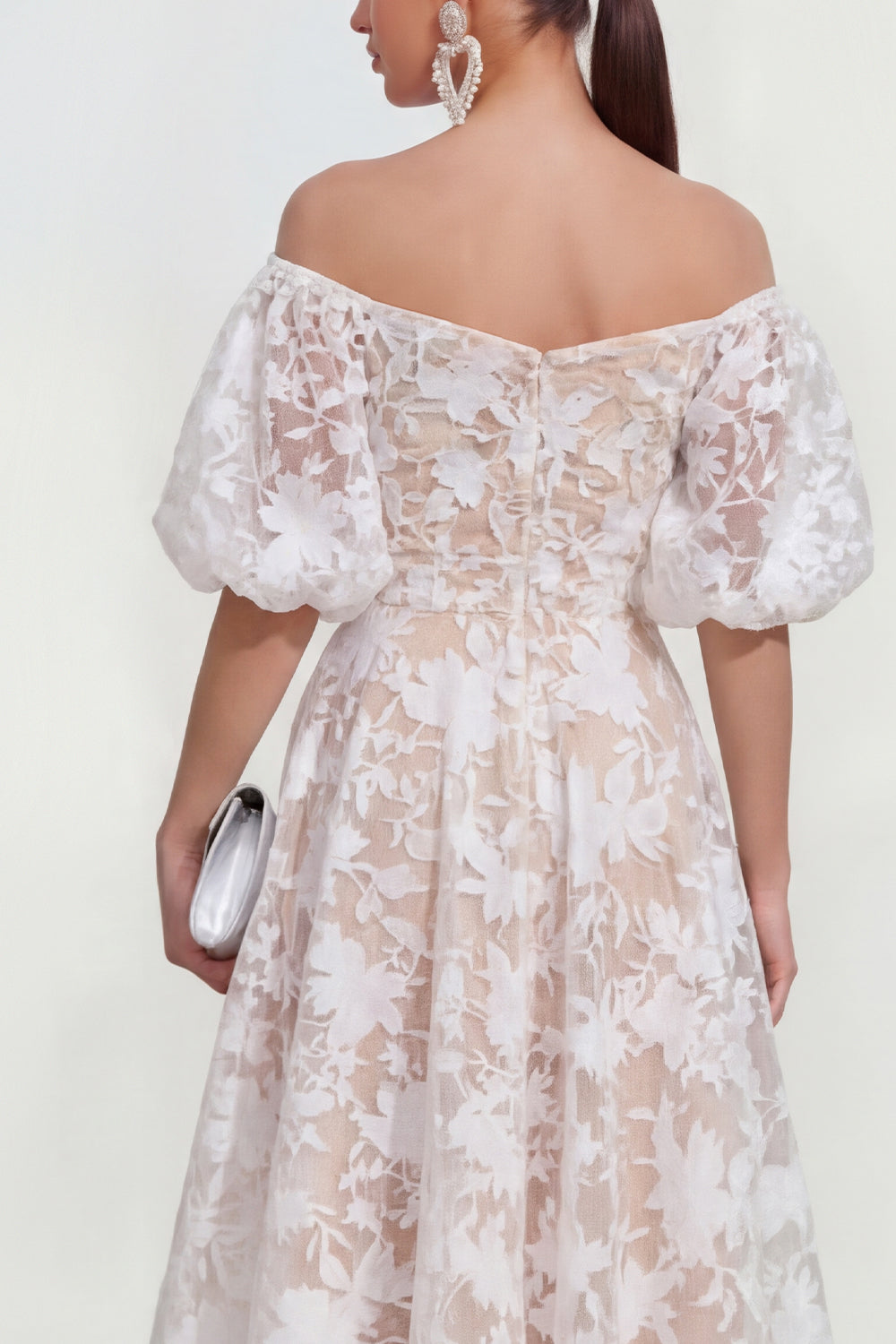 Blue Floral A Line Puff Sleeves Ruched Maxi Wedding Guest Dress