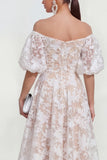 Blue Floral A Line Puff Sleeves Ruched Maxi Wedding Guest Dress