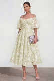 Blue Floral A Line Puff Sleeves Ruched Maxi Wedding Guest Dress
