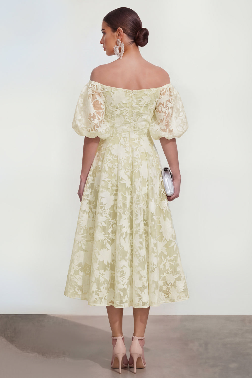 Blue Floral A Line Puff Sleeves Ruched Maxi Wedding Guest Dress