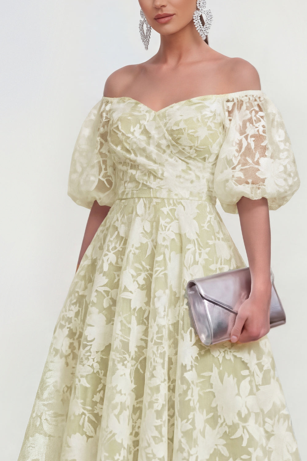 Blue Floral A Line Puff Sleeves Ruched Maxi Wedding Guest Dress