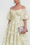 Blue Floral A Line Puff Sleeves Ruched Maxi Wedding Guest Dress