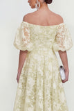 Blue Floral A Line Puff Sleeves Ruched Maxi Wedding Guest Dress