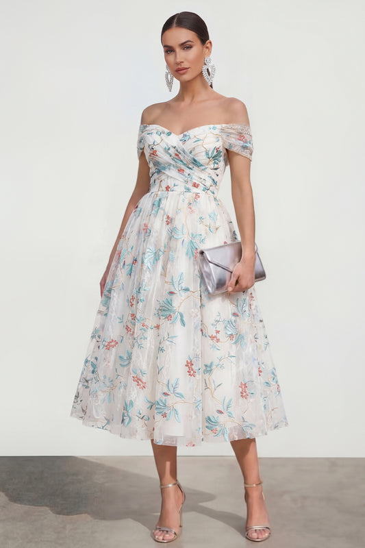 White Blue Flower Off the Shoulder Ruched A Line Maxi Wedding Guest Dress