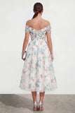 White Blue Flower Off the Shoulder Ruched A Line Maxi Wedding Guest Dress