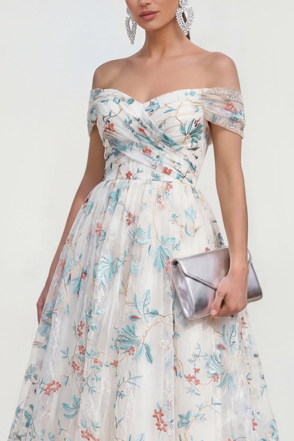 White Blue Flower Off the Shoulder Ruched A Line Maxi Wedding Guest Dress