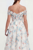 White Blue Flower Off the Shoulder Ruched A Line Maxi Wedding Guest Dress