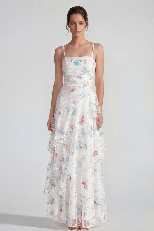 White Blue Flower Spaghetti Straps A Line Maxi Wedding Guest Dress with Ruffles