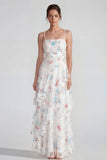 White Blue Flower Spaghetti Straps A Line Maxi Wedding Guest Dress with Ruffles