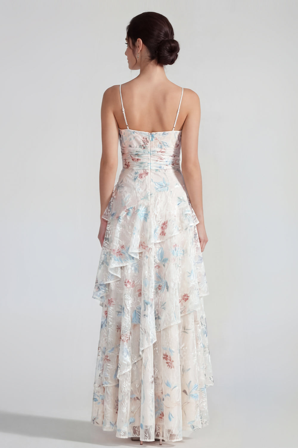 White Blue Flower Spaghetti Straps A Line Maxi Wedding Guest Dress with Ruffles