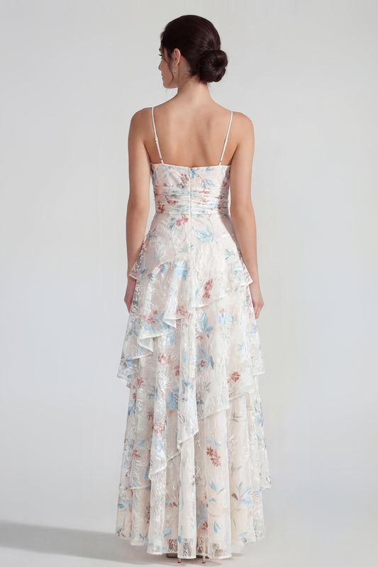White Blue Flower Spaghetti Straps A Line Maxi Wedding Guest Dress with Ruffles