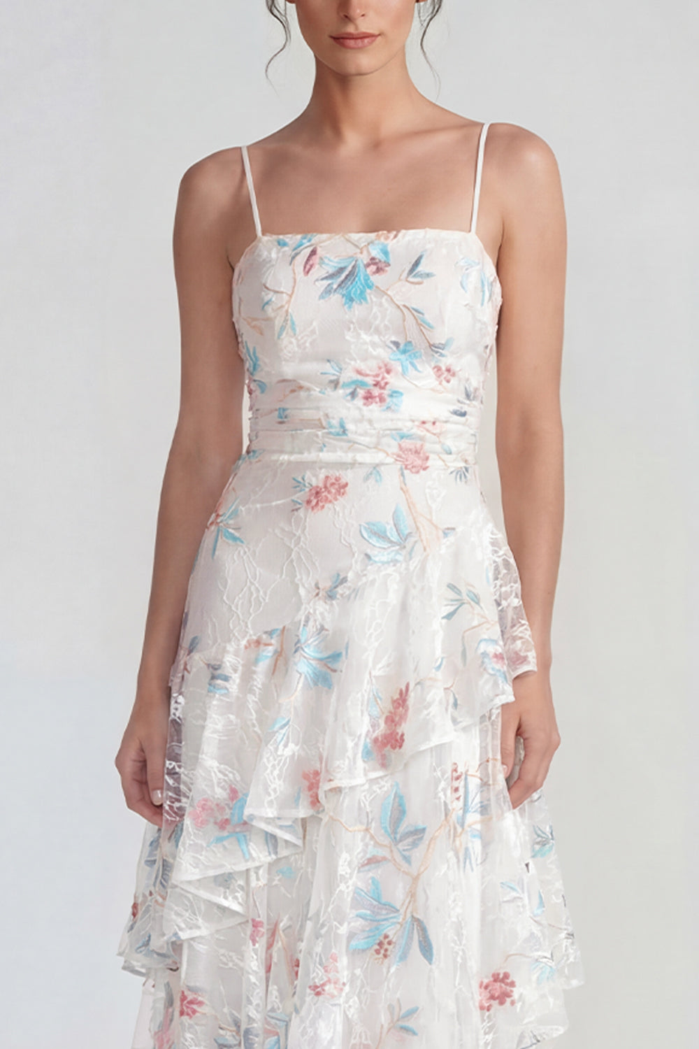 White Blue Flower Spaghetti Straps A Line Maxi Wedding Guest Dress with Ruffles