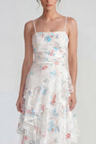 White Blue Flower Spaghetti Straps A Line Maxi Wedding Guest Dress with Ruffles