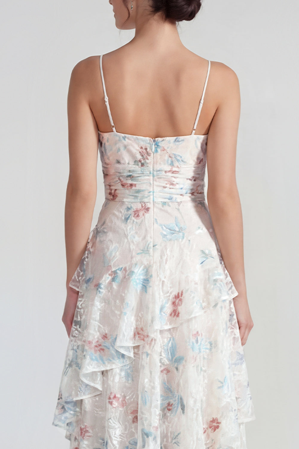 White Blue Flower Spaghetti Straps A Line Maxi Wedding Guest Dress with Ruffles